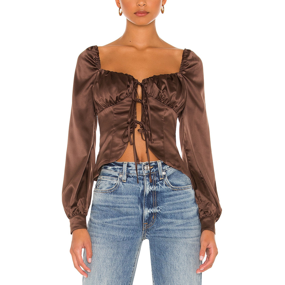 Majorelle Satin Chocolate Brown Waldorf Blouse Size M - Picture 1 of 5